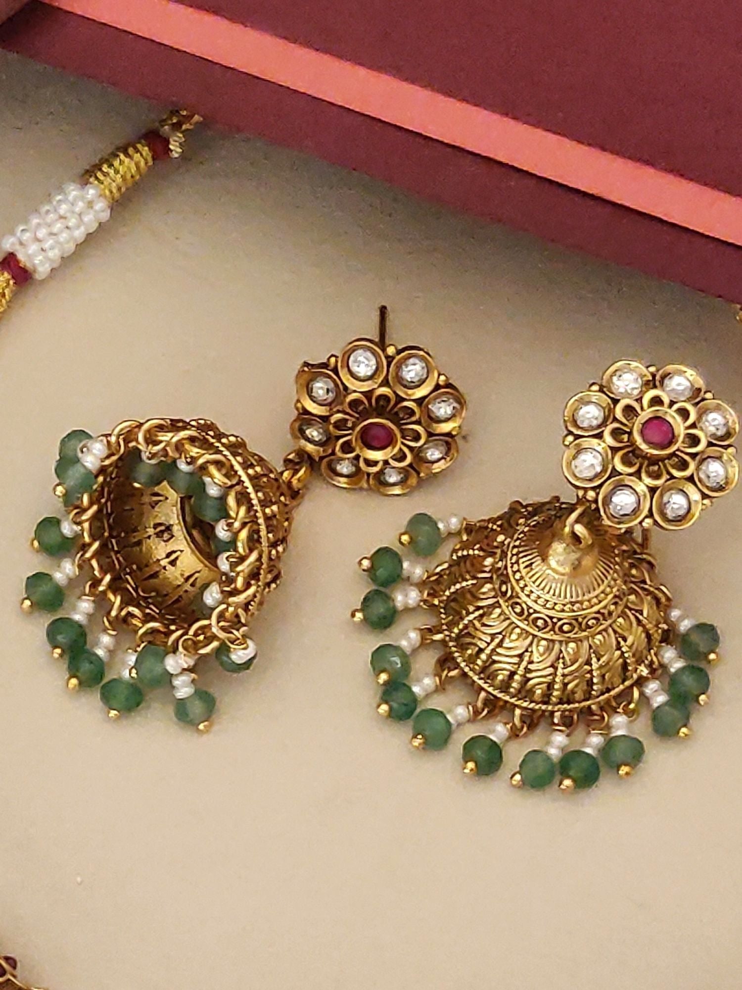 Antique Emerald Green Temple Hasli Neckl gold-tone traditional Indian earrings with green beads and white stones