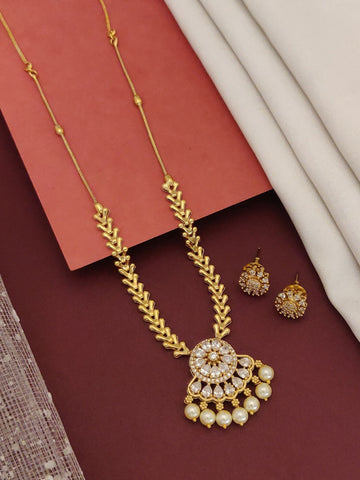 Antique Gold Plated American Diamond Pearl Necklace Set by Abdesignsjewellery with pendant and matching earrings