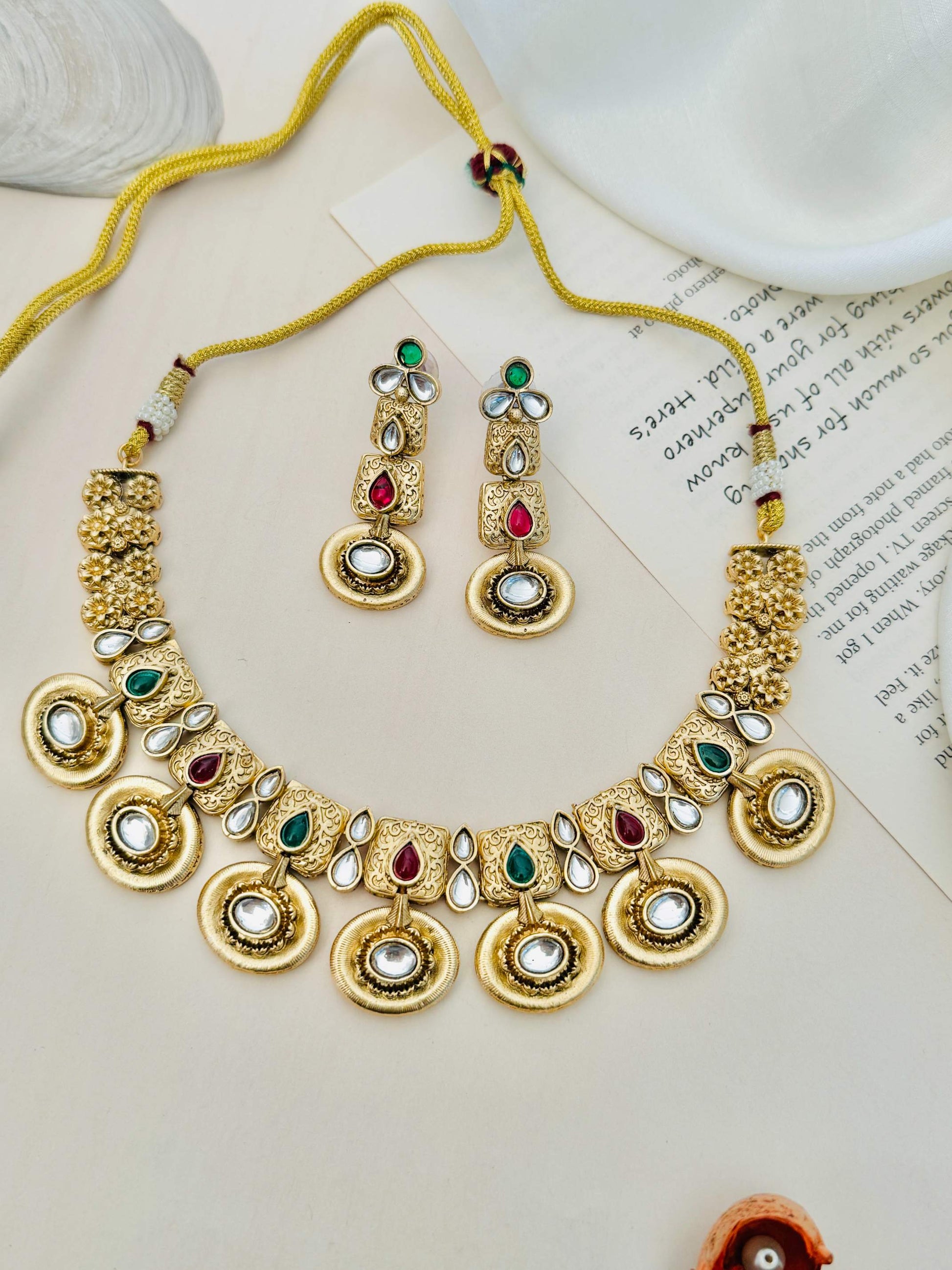 Antique Gold Plated Choker Necklace Set with intricate stone detailing and matching earrings by Abdesignsjewellery