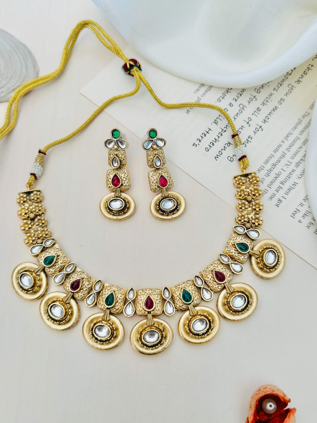 Antique Gold Plated Choker Necklace Set with colorful gemstones and matching earrings by Abdesigns