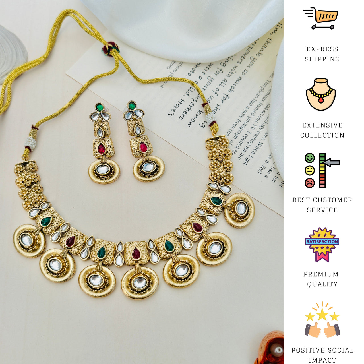 Antique Gold Plated Choker Necklace Set with colorful gemstones and matching earrings by Abdesignsjewellery