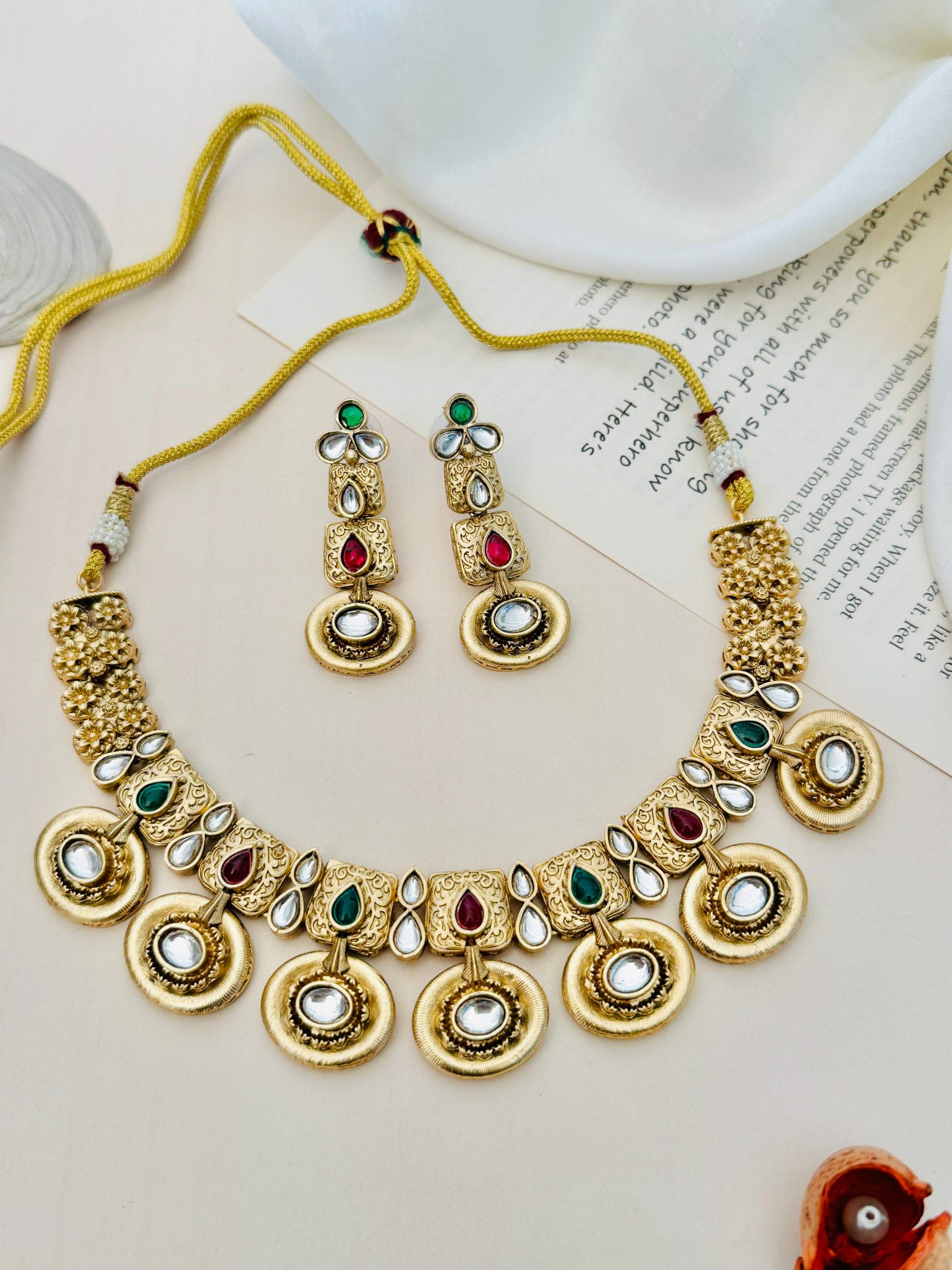 Antique Gold Plated Choker Necklace Set with intricate designs and multicolored stones by Abdesignsjewellery