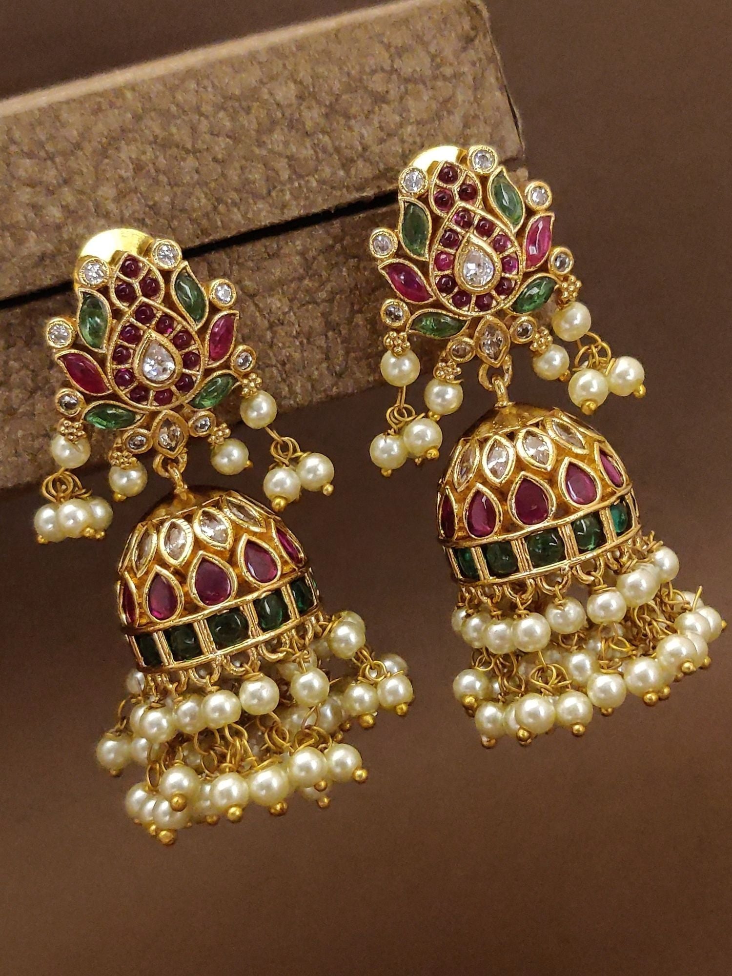 Stunning Antique Gold Plated Jhumka Earrings adorned with colorful gemstones and delicate pearls
