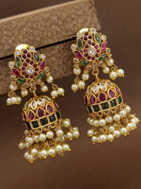 Thumbnail for Stunning Antique Gold Plated Jhumka Earrings adorned with colorful gemstones and delicate pearls