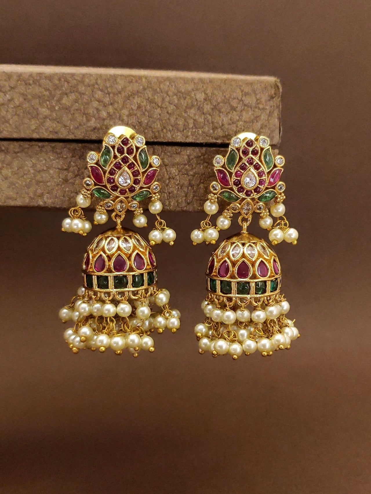Antique Gold Plated Jhumka Earrings with Colorful Stones and Pearl Detailing for Elegant Attire