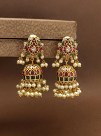 Thumbnail for Antique Gold Plated Jhumka Earrings with Colorful Stones and Pearl Detailing for Elegant Attire