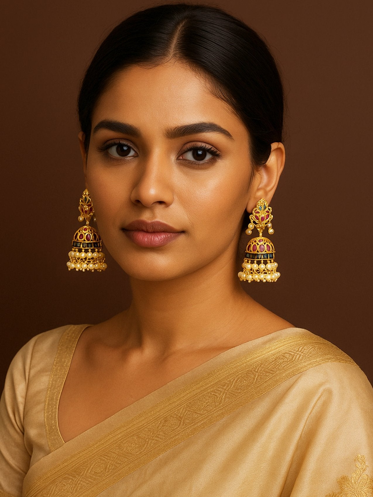 Elegant model wearing Antique Gold Plated Jhumka Earrings with intricate designs and colorful accents