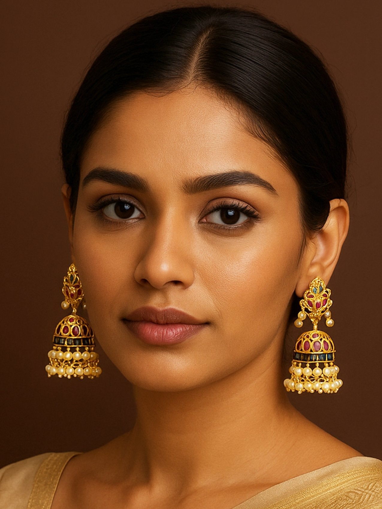 Elegant model showcasing Antique Gold Plated Jhumka Earrings adorned with colorful detailing and pearls
