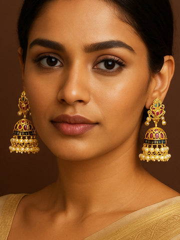Elegant Antique Gold Plated Jhumka Earrings with Pearl Accents and Colorful Details