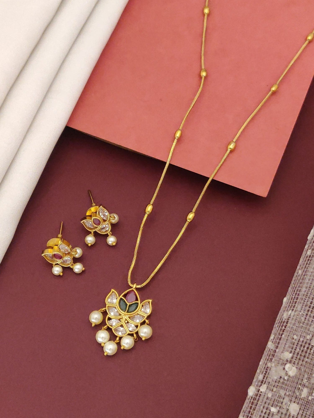 Antique Gold Plated Kempstone Beads Necklace Set by Abdesignsjewellery with floral pendant and matching earrings