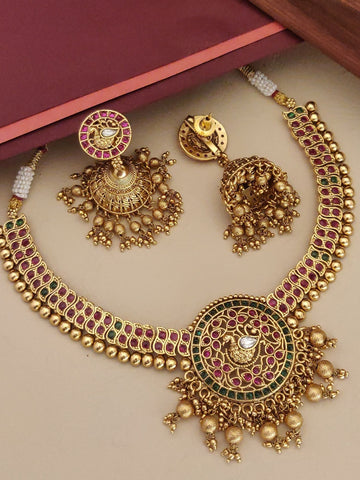 Antique Gold Plated KempStone Necklace with intricate design and matching earrings for elegant occasions