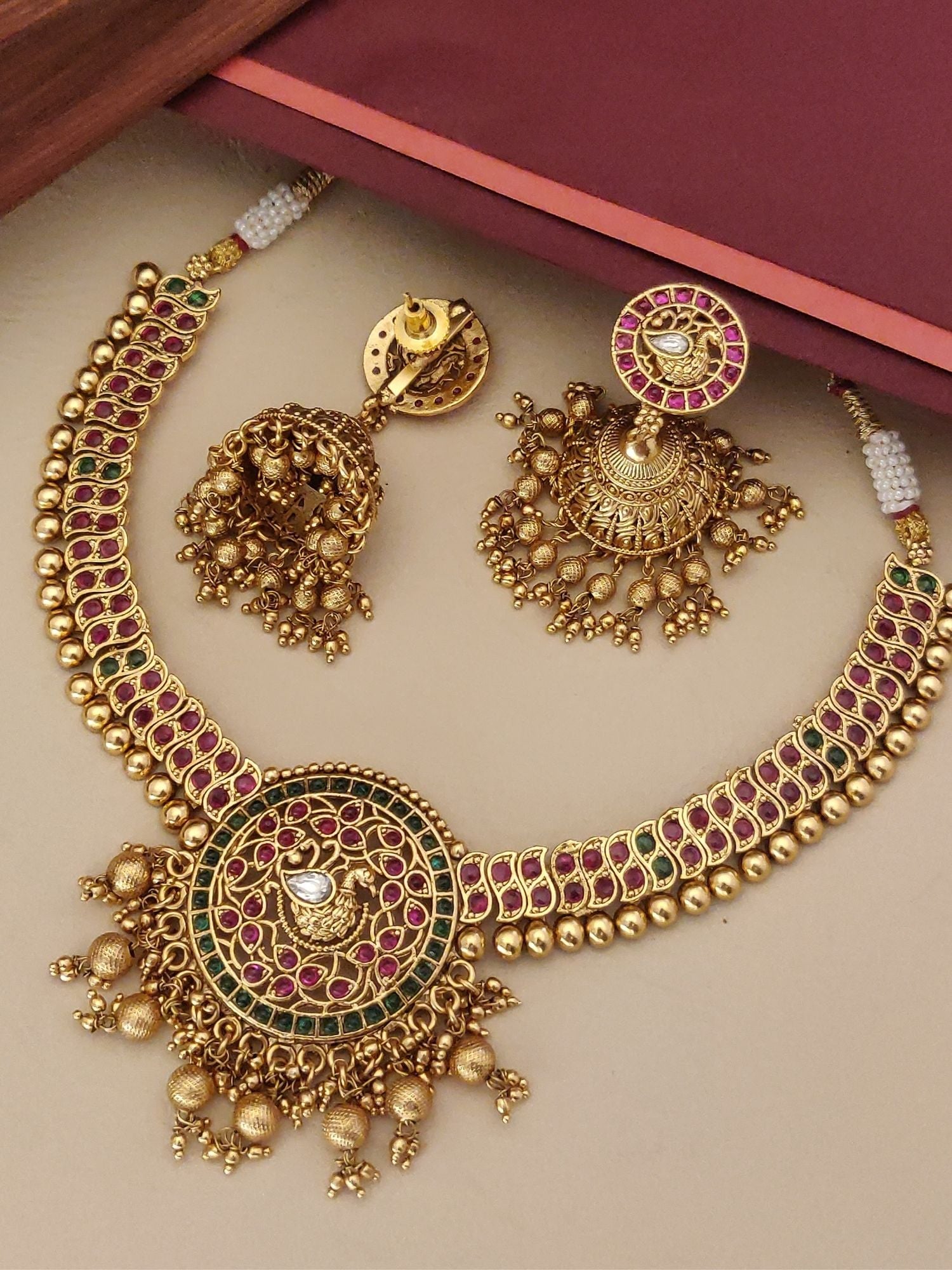 Antique Gold Plated KempStone Necklace with matching earrings featuring intricate design and colorful stones