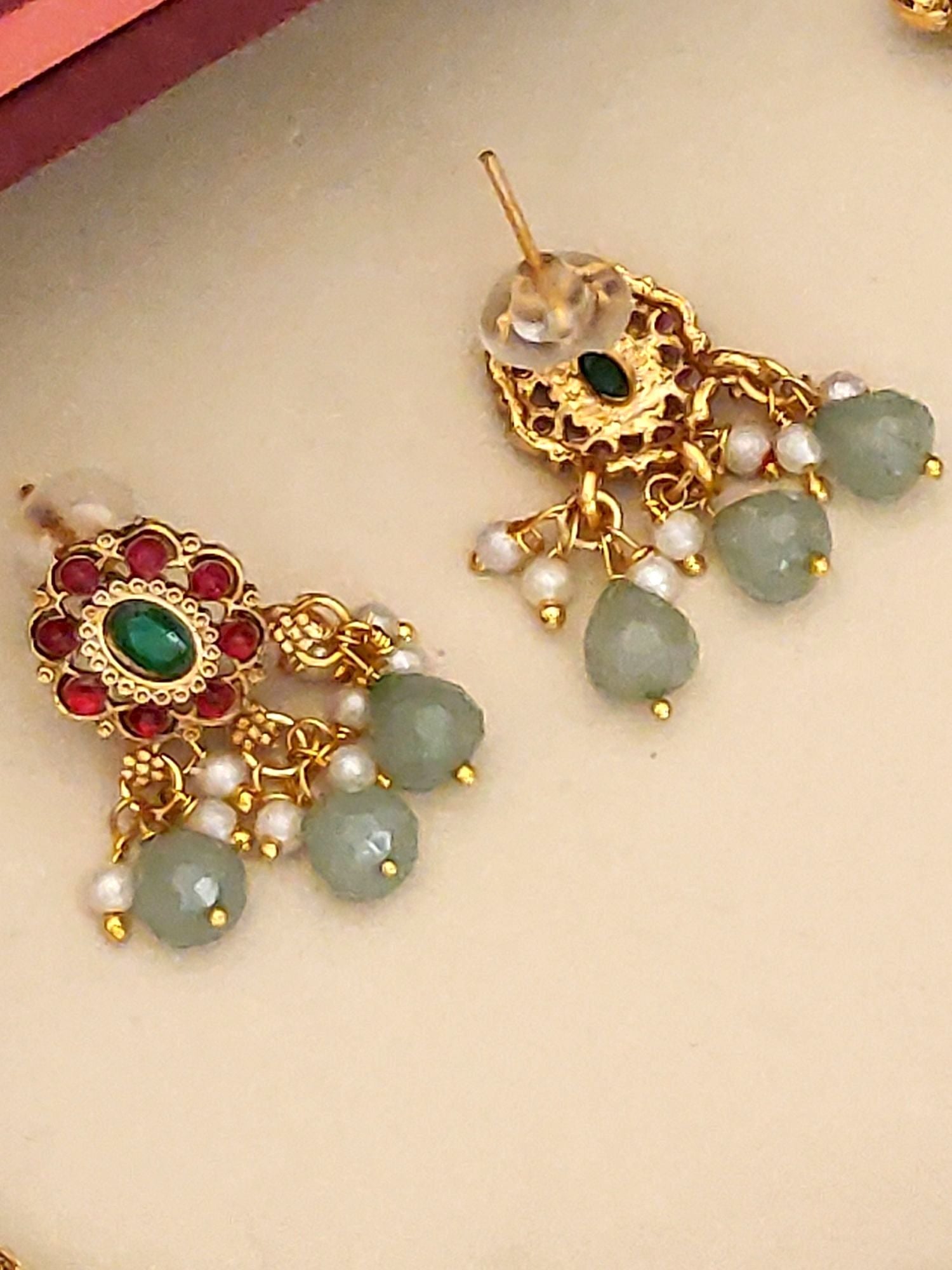 Antique Gold Plated KempStone Studed Necklace Set with colorful gemstone accents and elegant detailing