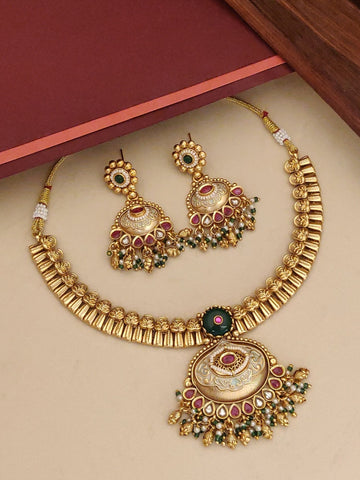 Antique Gold Plated Necklace Set with intricate detailing and matching earrings for elegant occasions