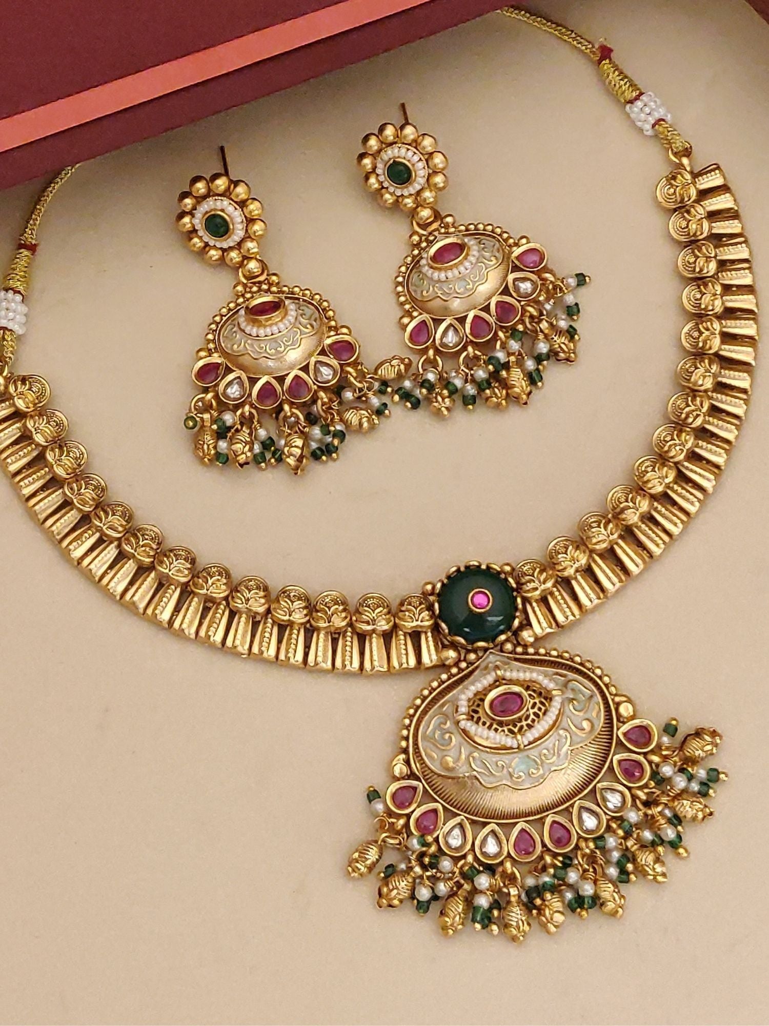Antique Gold Plated Necklace Set with intricate design and matching earrings for elegant occasions