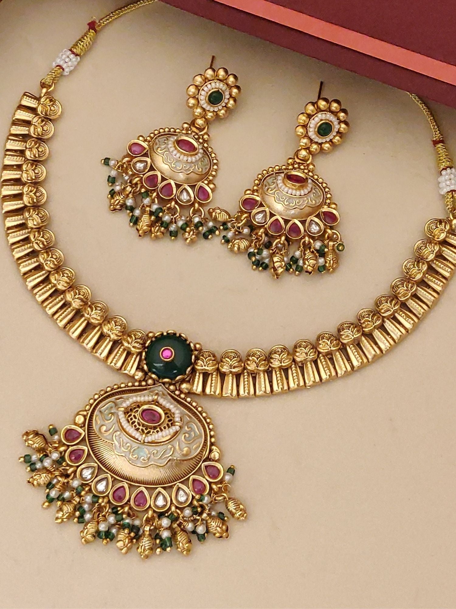 Antique Gold Plated Necklace Set with intricate detailing and matching earrings for elegant looks
