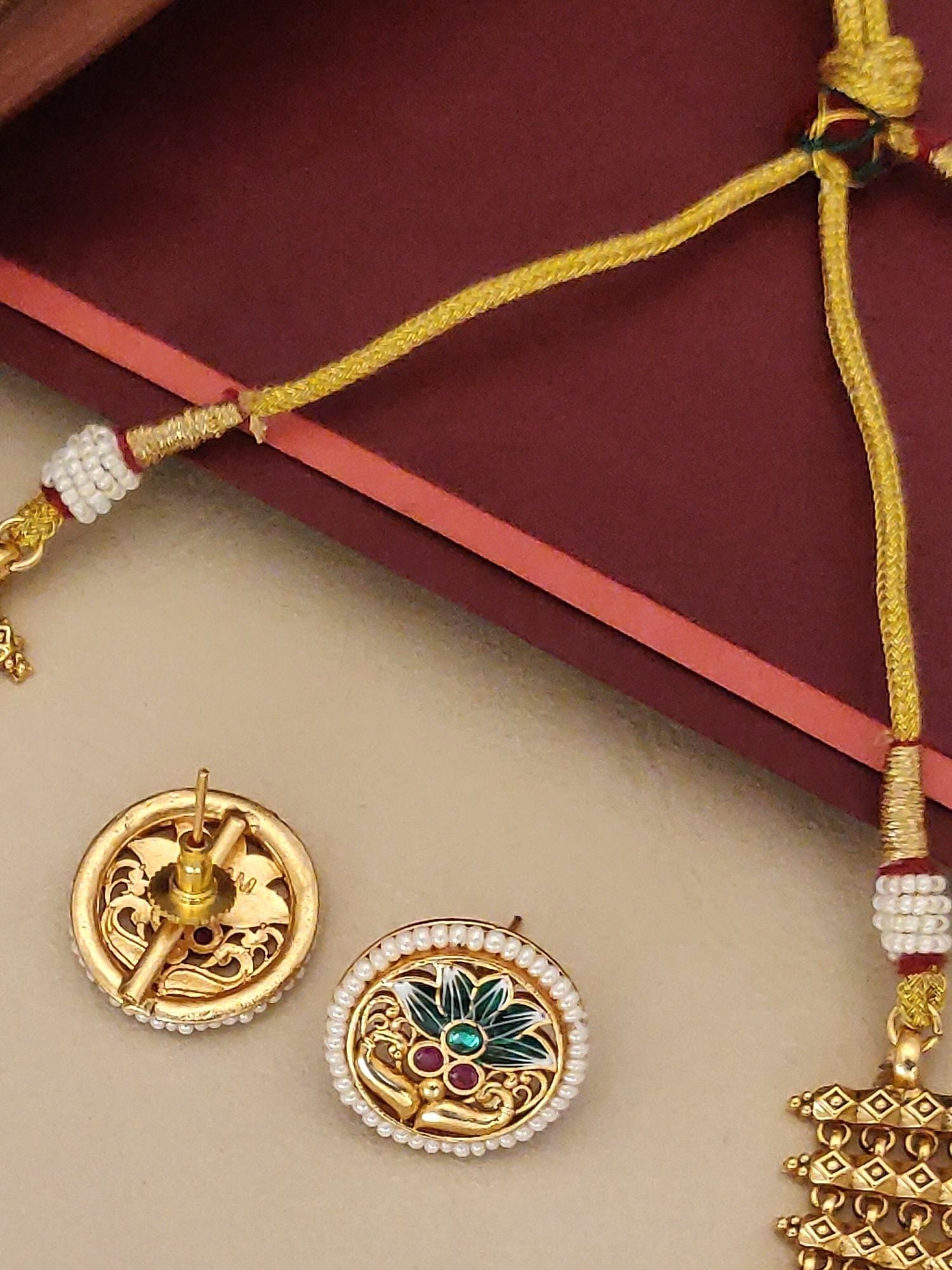 Antique Gold Plated Necklace Set with intricate design and colorful embellishments, perfect for special occasions