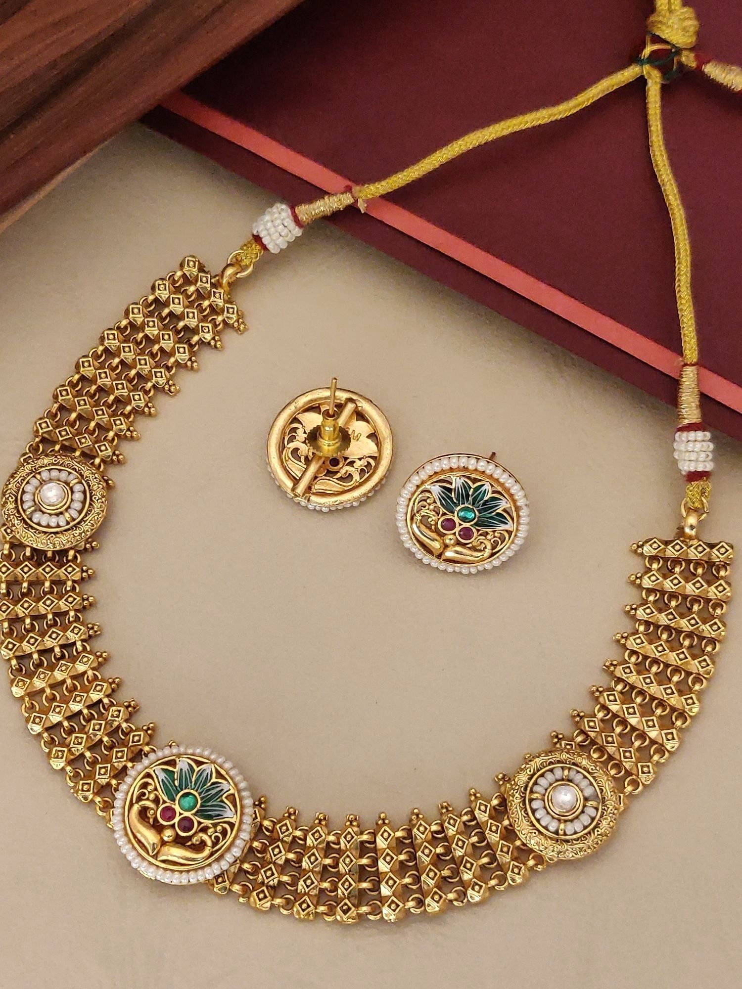 Antique Gold Plated Necklace Set with decorative motifs and elegant design for traditional occasions