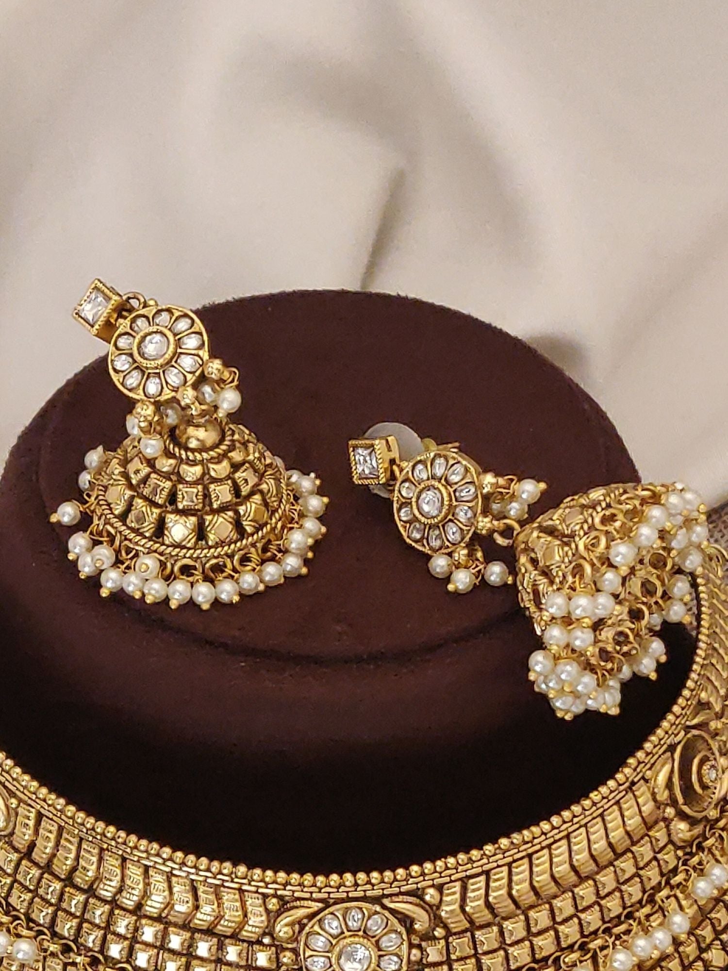 Antique Gold Plated Necklace Set - Elegant Design with intricate detailing and pearl accents