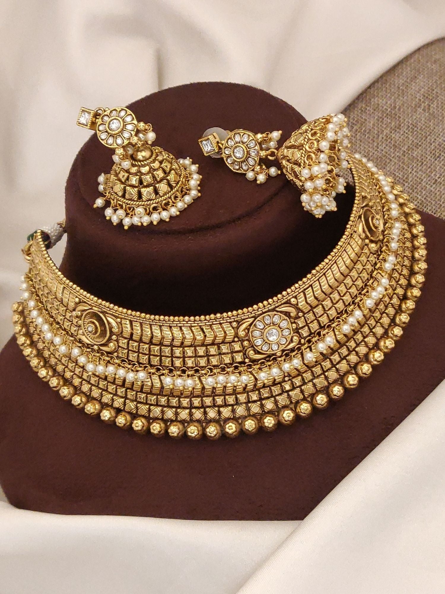 Antique Gold Plated Necklace Set - Elegant Design with matching earrings and intricate detailing