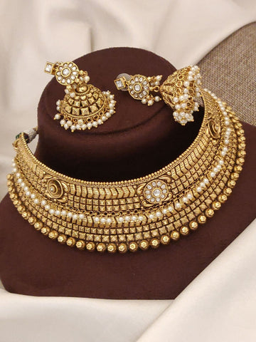 Antique Gold Plated Necklace Set - Elegant Design with matching earrings and intricate detailing