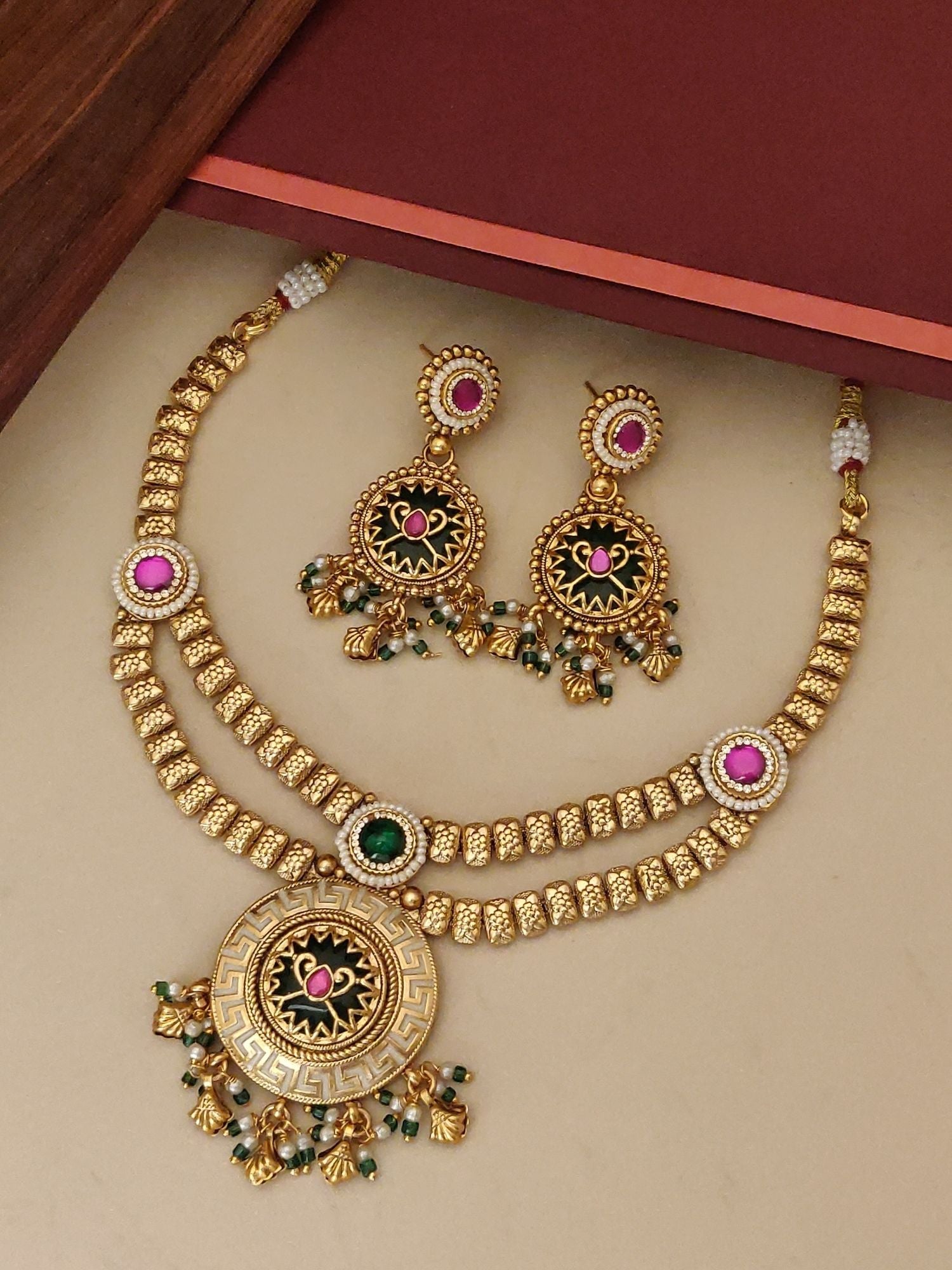 Antique Gold Plated Necklace Set with intricate design and matching earrings for elegant occasions