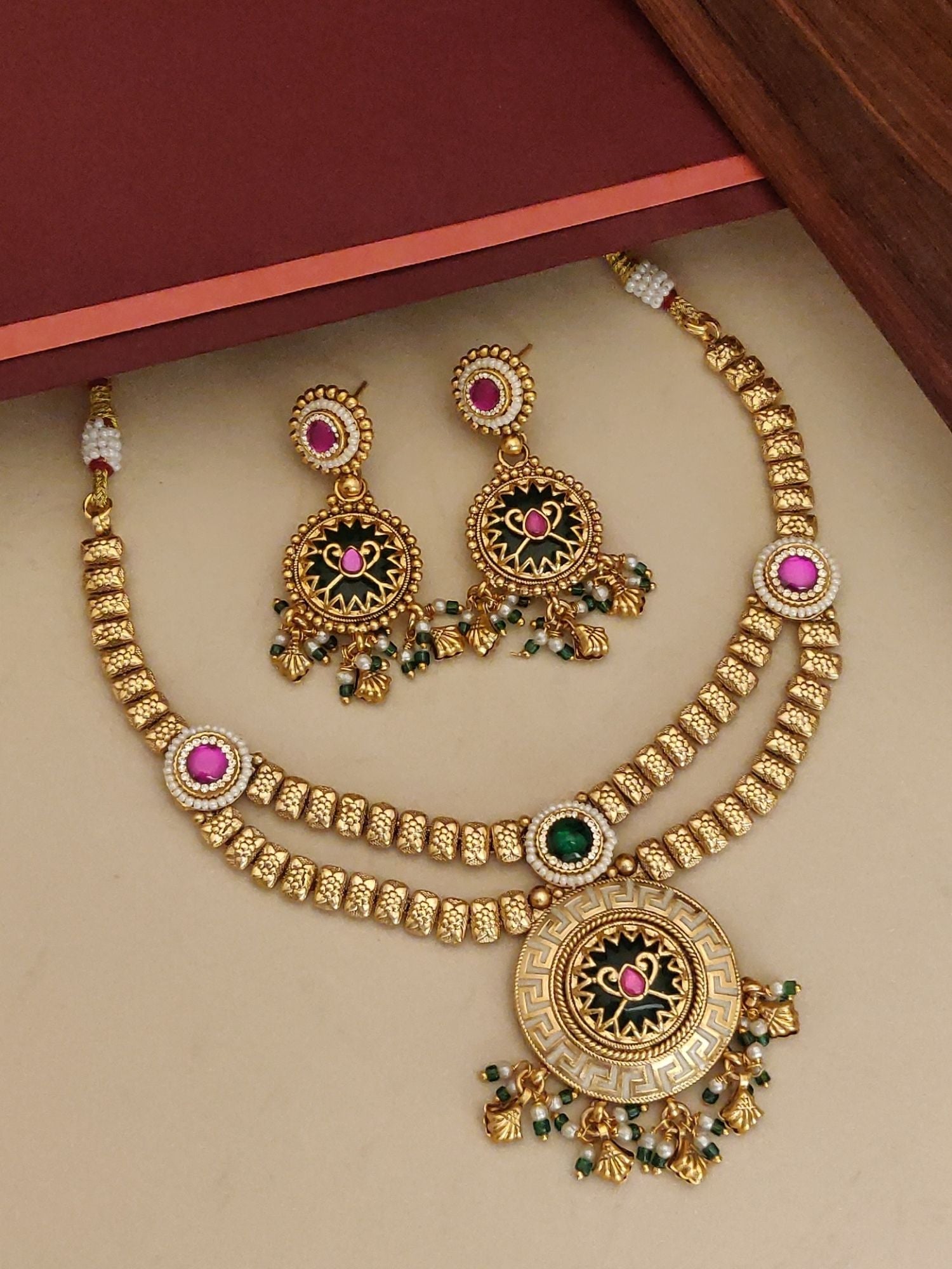 Antique Gold Plated Necklace Set with intricate design and matching earrings featuring colorful stones