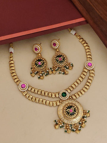 Antique Gold Plated Necklace Set with intricate design and matching earrings featuring colorful stones