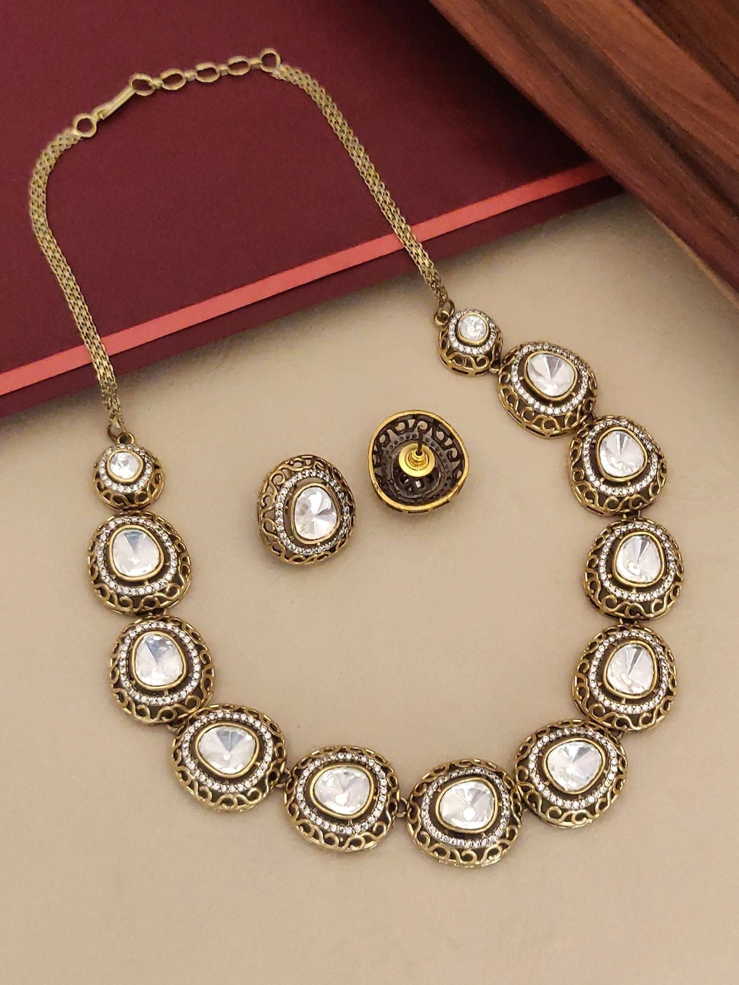 Antique Gold Plated Polki Necklace Set with intricate design and sparkling stones for elegant occasions
