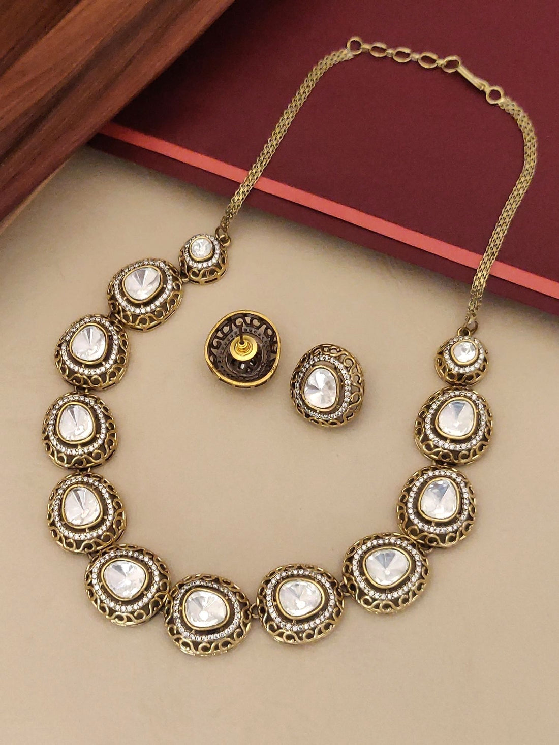 Antique Gold Plated Polki Necklace Set with intricate design and sparkling stones for elegant occasions