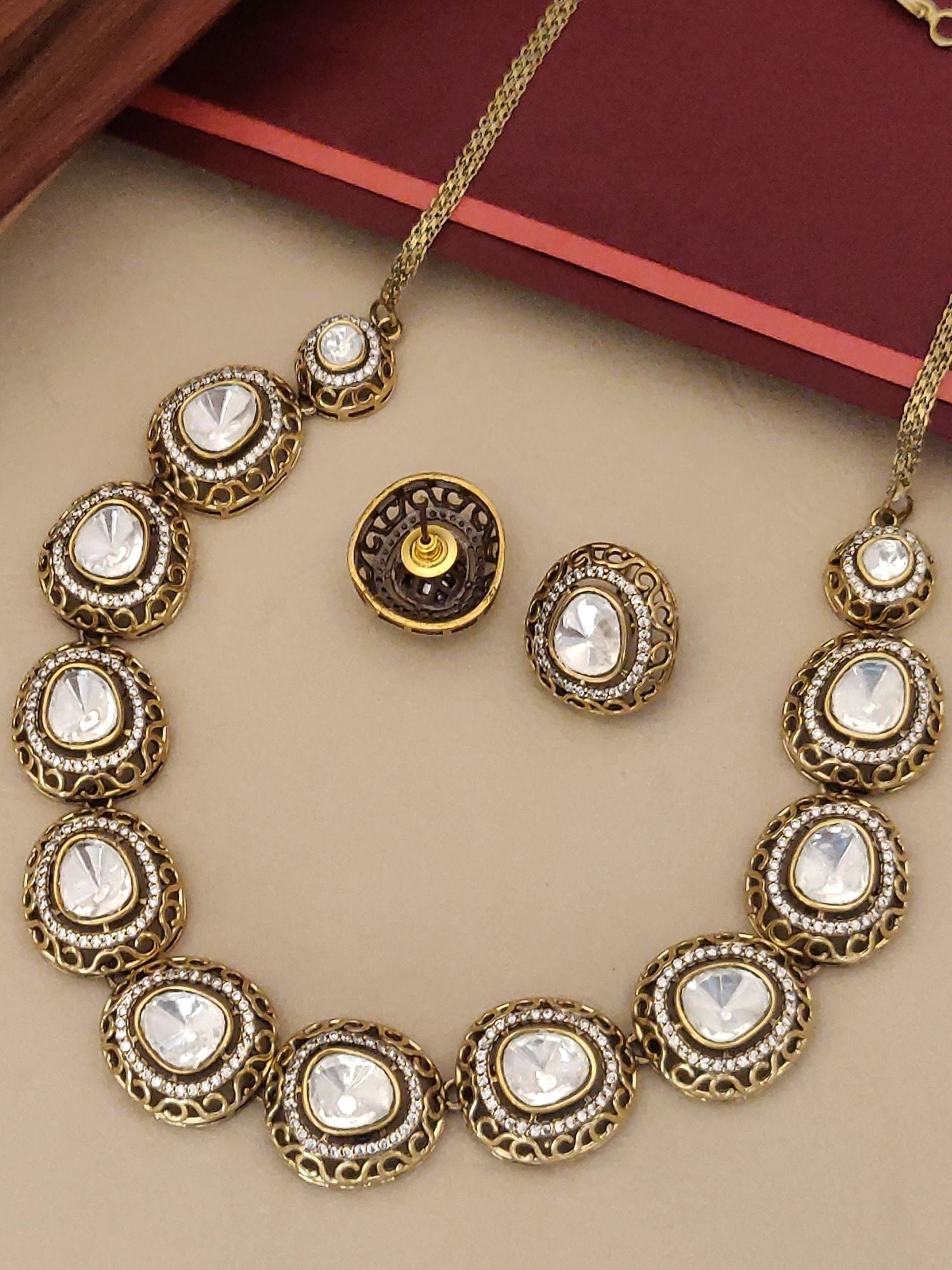 Antique Gold Plated Polki Necklace Set with intricate design and matching earrings for elegant occasions
