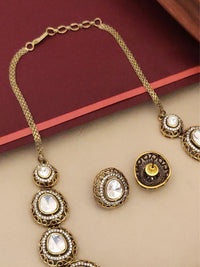 Thumbnail for Antique Gold Plated Polki Necklace Set with Intricate Design and Sparkling Stones