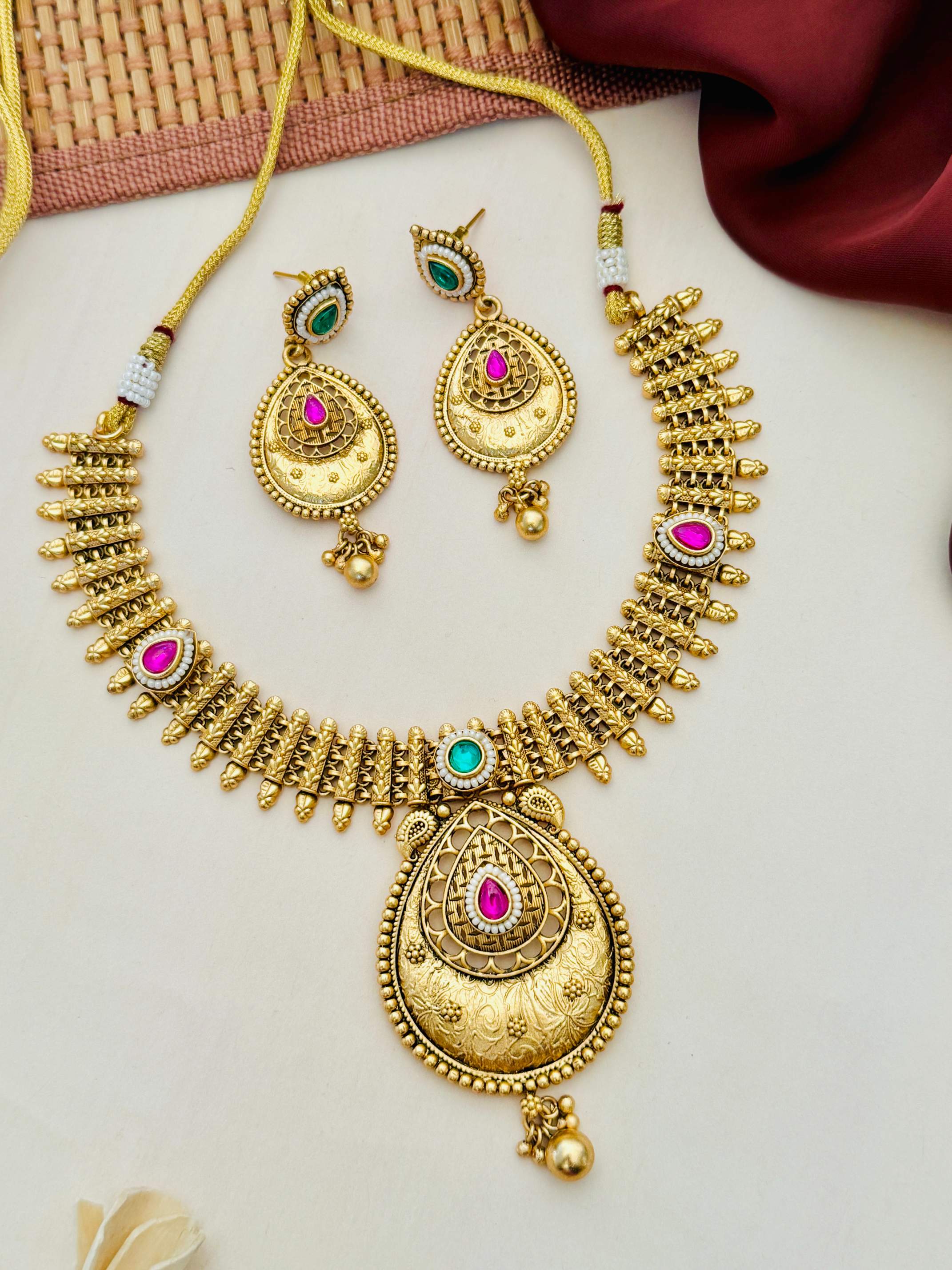 Antique Golden Plated Matt Finish Necklace Set with intricate design and colorful stones from Abdesignsjewellery