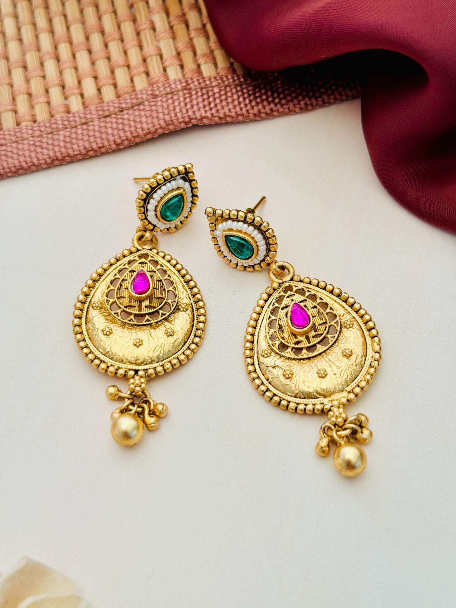 Antique Golden Plated Matt Finish Necklace Set with intricate design and colorful gemstone accents