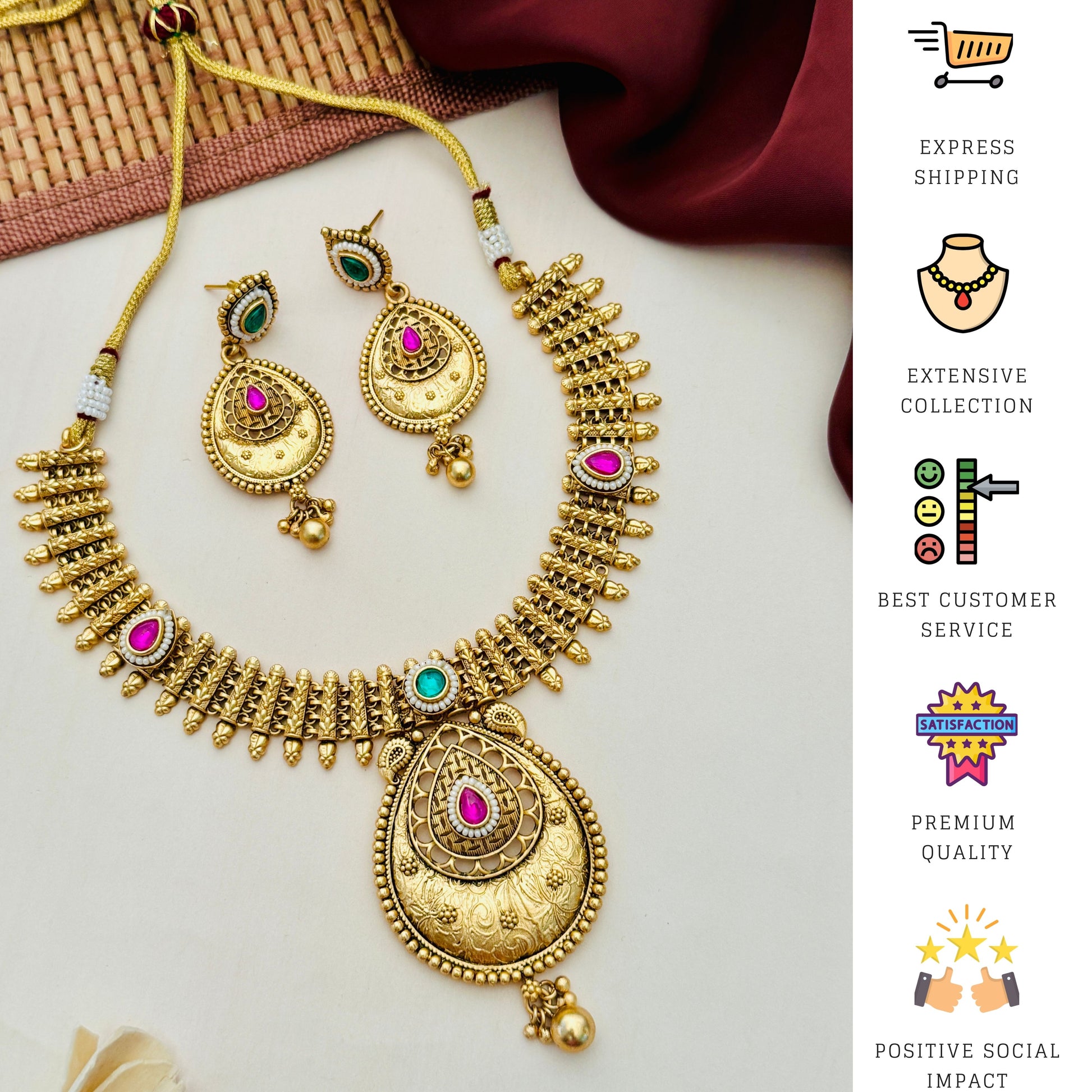 Antique Golden Plated Matt Finish Necklace Set with matching earrings featuring intricate design and colorful stones by Abdesignsjewellery