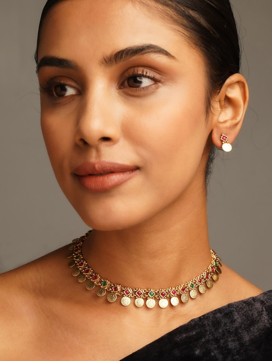 Antique Golden Plated Matt Finish Necklace Set with coin pendants and red accents by Abdesignsjewellery