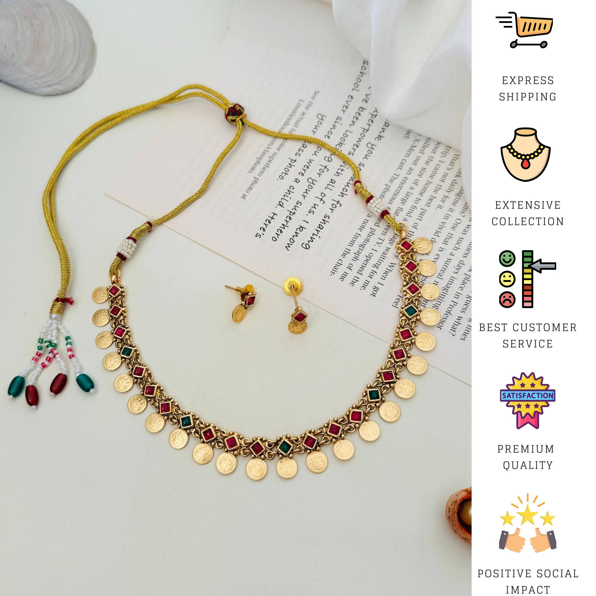 Antique Golden Plated Matt Finish Necklace Set with red and green stones and matching earrings