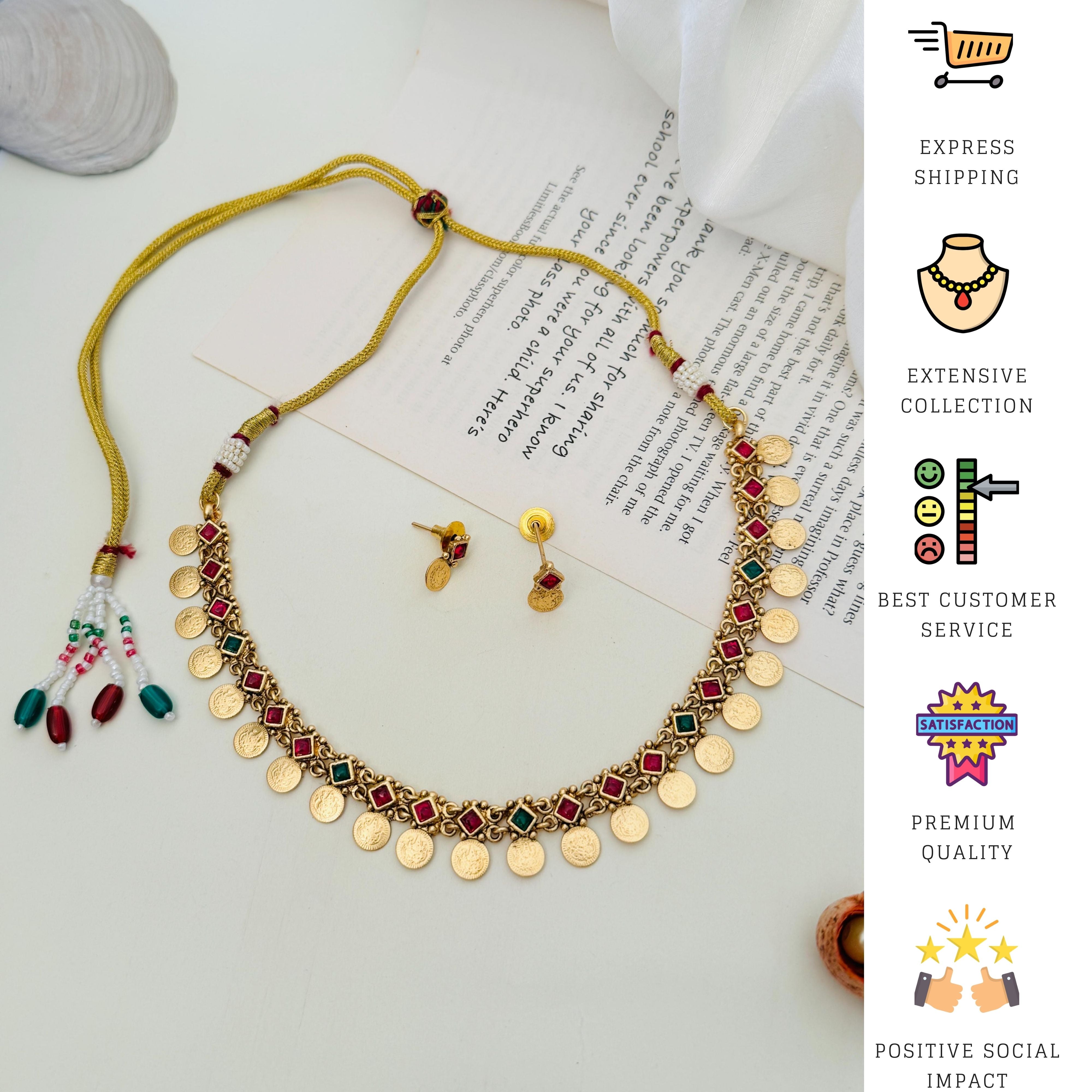 Antique Golden Plated Matt Finish Necklace Set with red and green stones and matching earrings