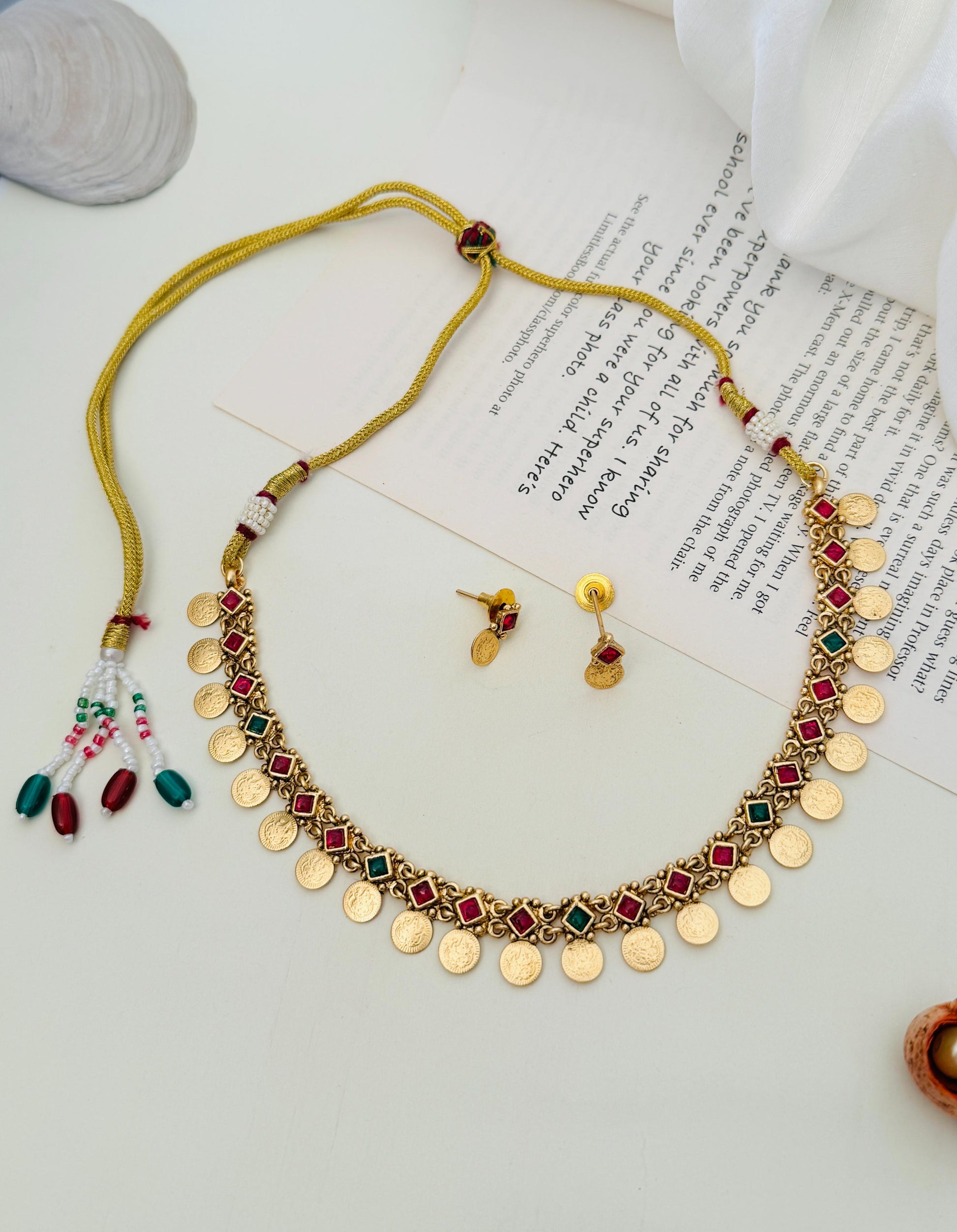 Antique Golden Plated Matt Finish Necklace Set with red and green stone detailing and matching earrings by Abdesignsjewellery