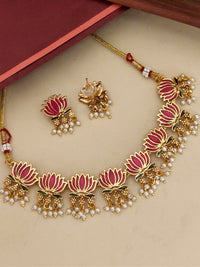 Thumbnail for Antique lotus necklace set featuring gold and pink lotus designs with pearl accents