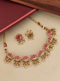 Thumbnail for Elegant antique lotus necklace set with gold detailing and pearl accents for a traditional look
