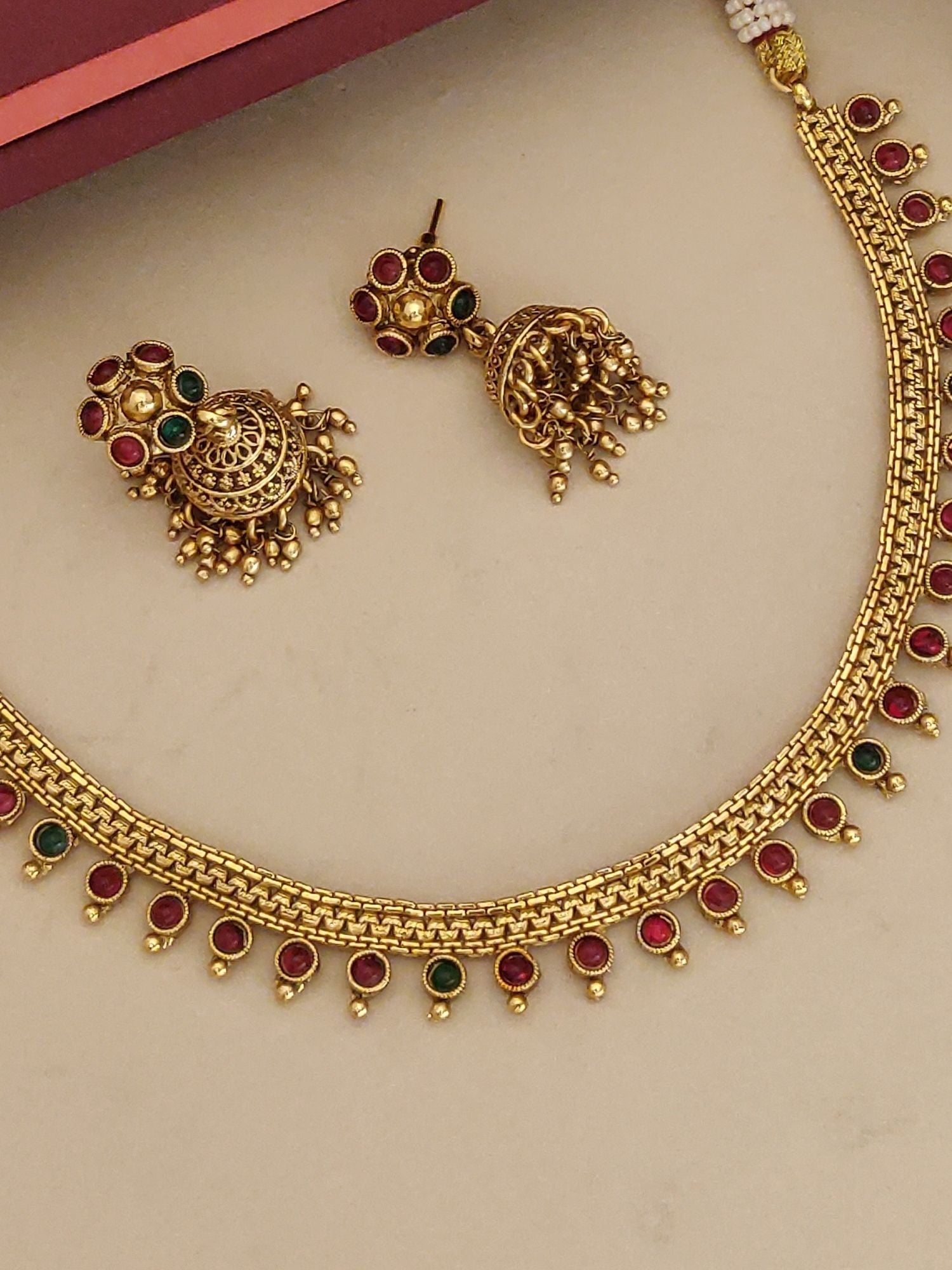 Matt Gold Plated Necklace with Colorful Gemstones and Matching Earrings from Abdesignsjewellery