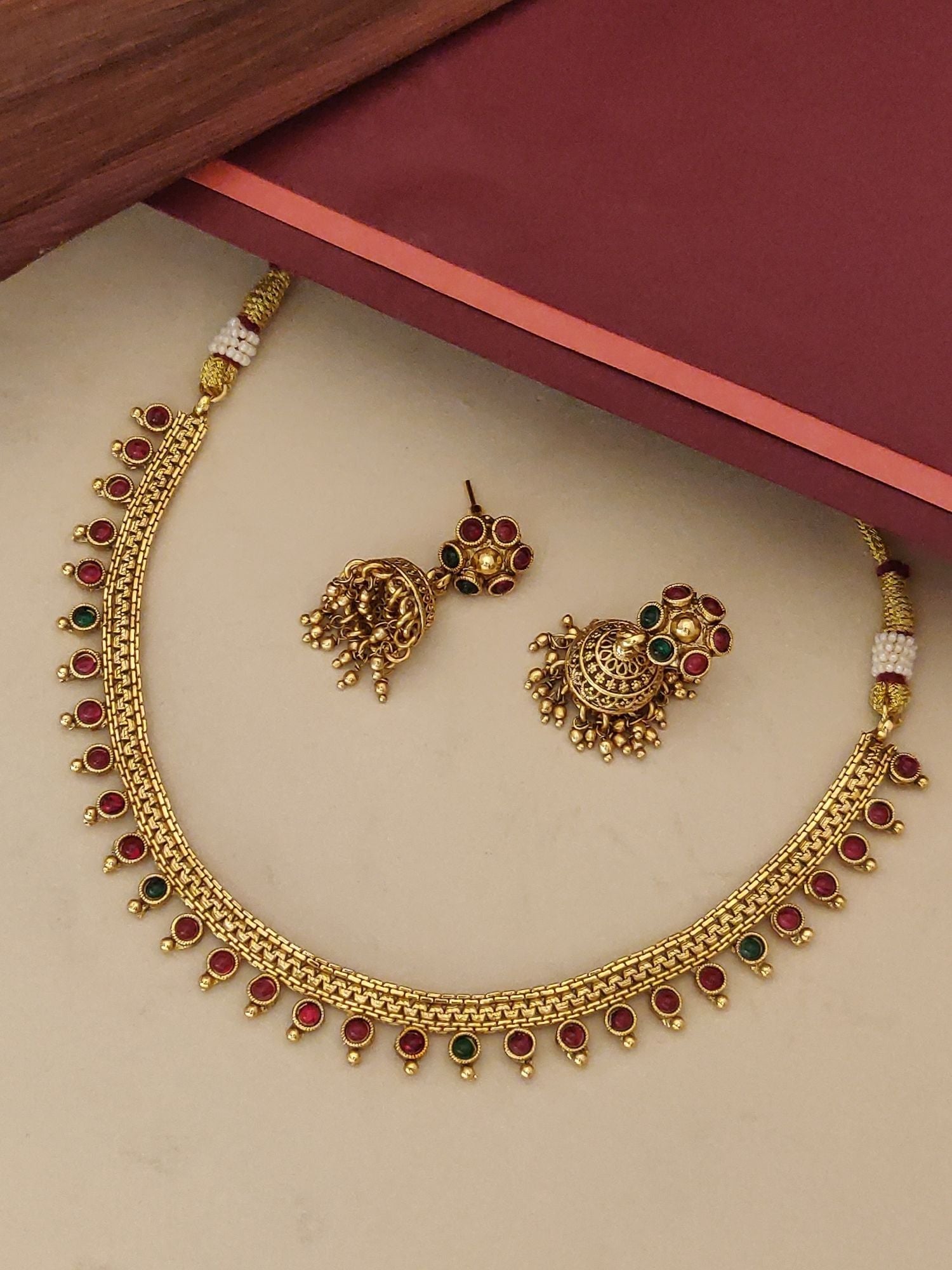 Antique Matt Gold Plated Necklace with Colorful Gemstones and Matching Earrings from Abdesignsjewellery