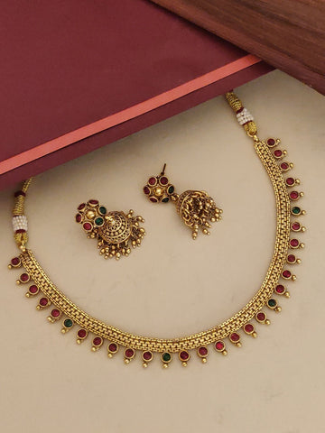 Antique Matt Gold Plated Necklace with Colorful Stones and Matching Earrings for Elegant Occasions