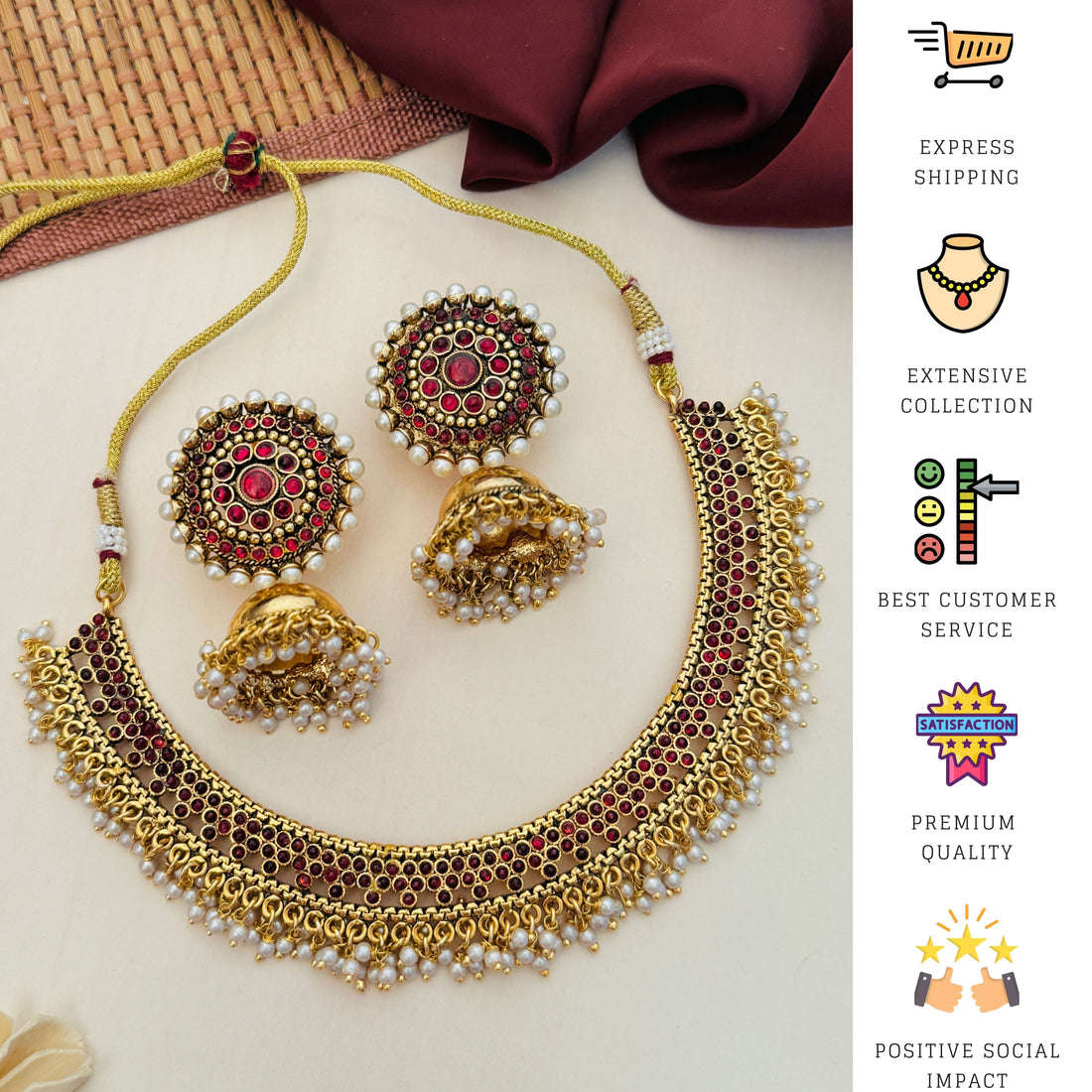 Antique Matt Gold Plated Necklace Set with intricate design and matching earrings worn by woman