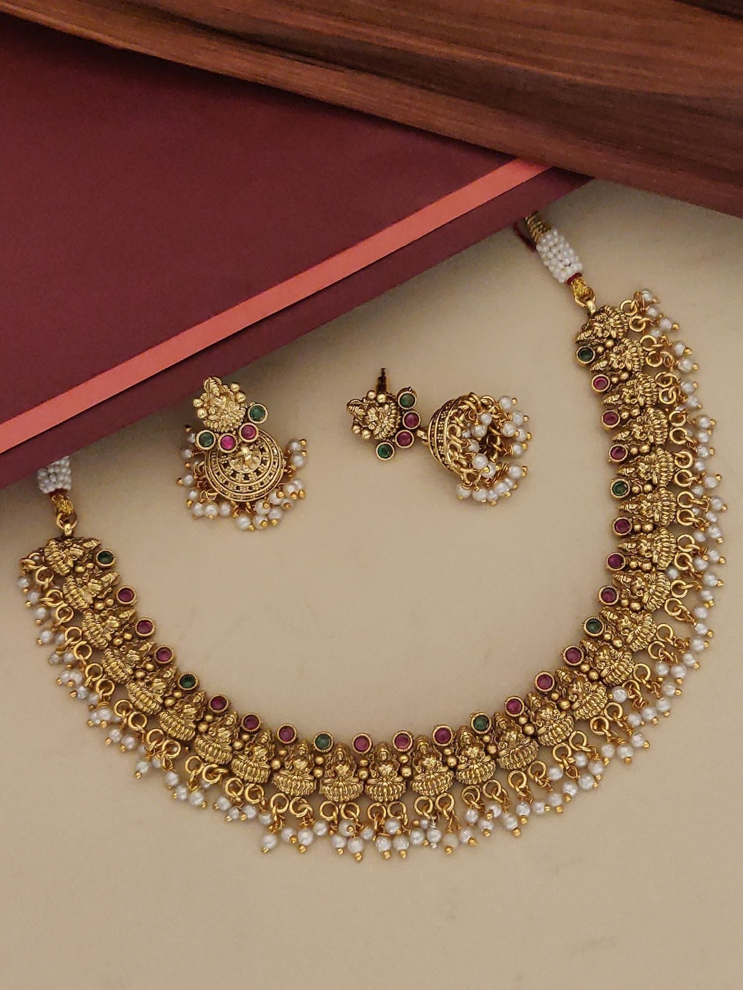 Antique Matt Gold Plated Temple Necklace with Colorful Stones and Traditional Design