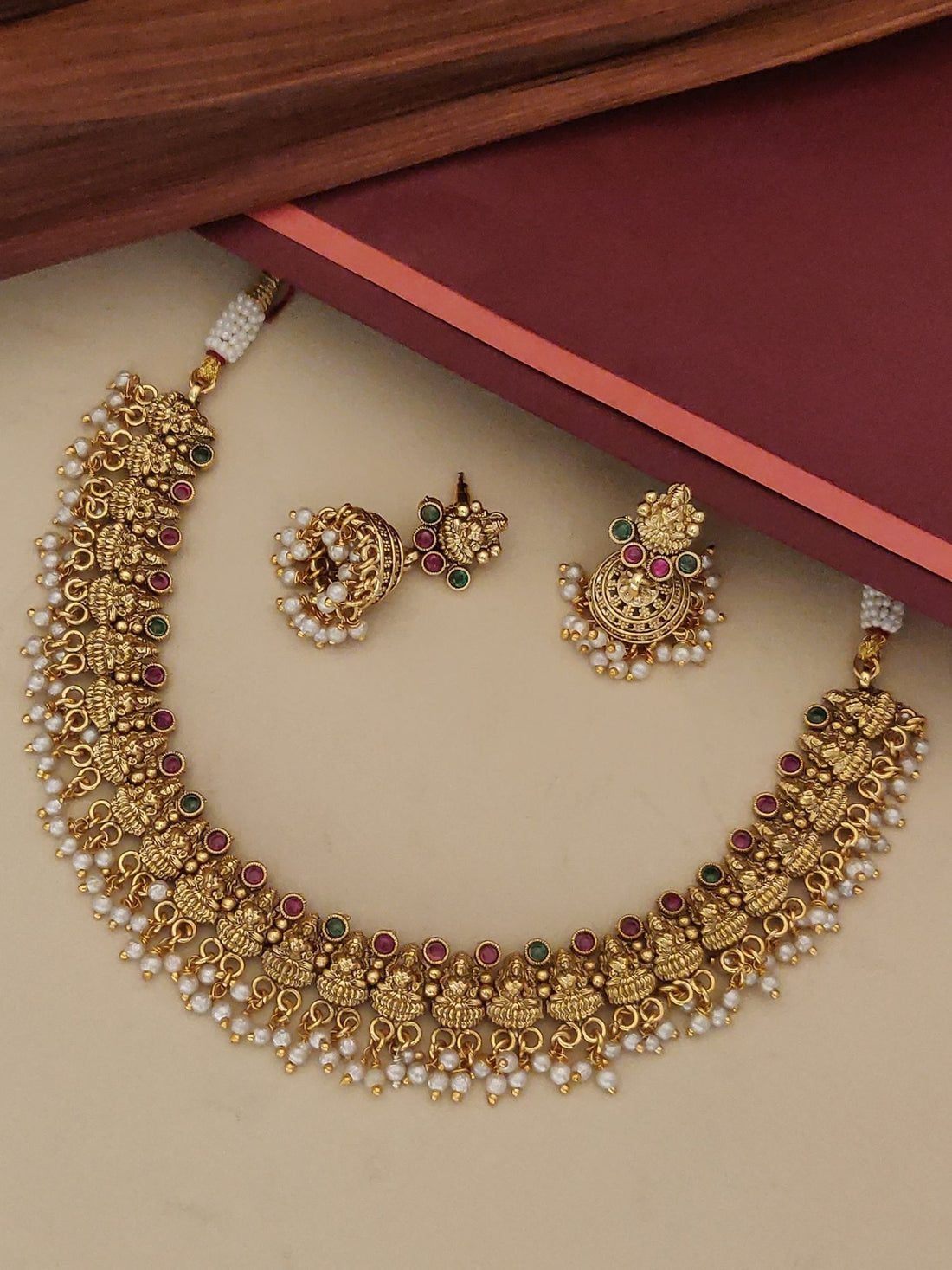 Antique Matt Gold Plated Temple Necklace with Colorful Stones and Traditional Design