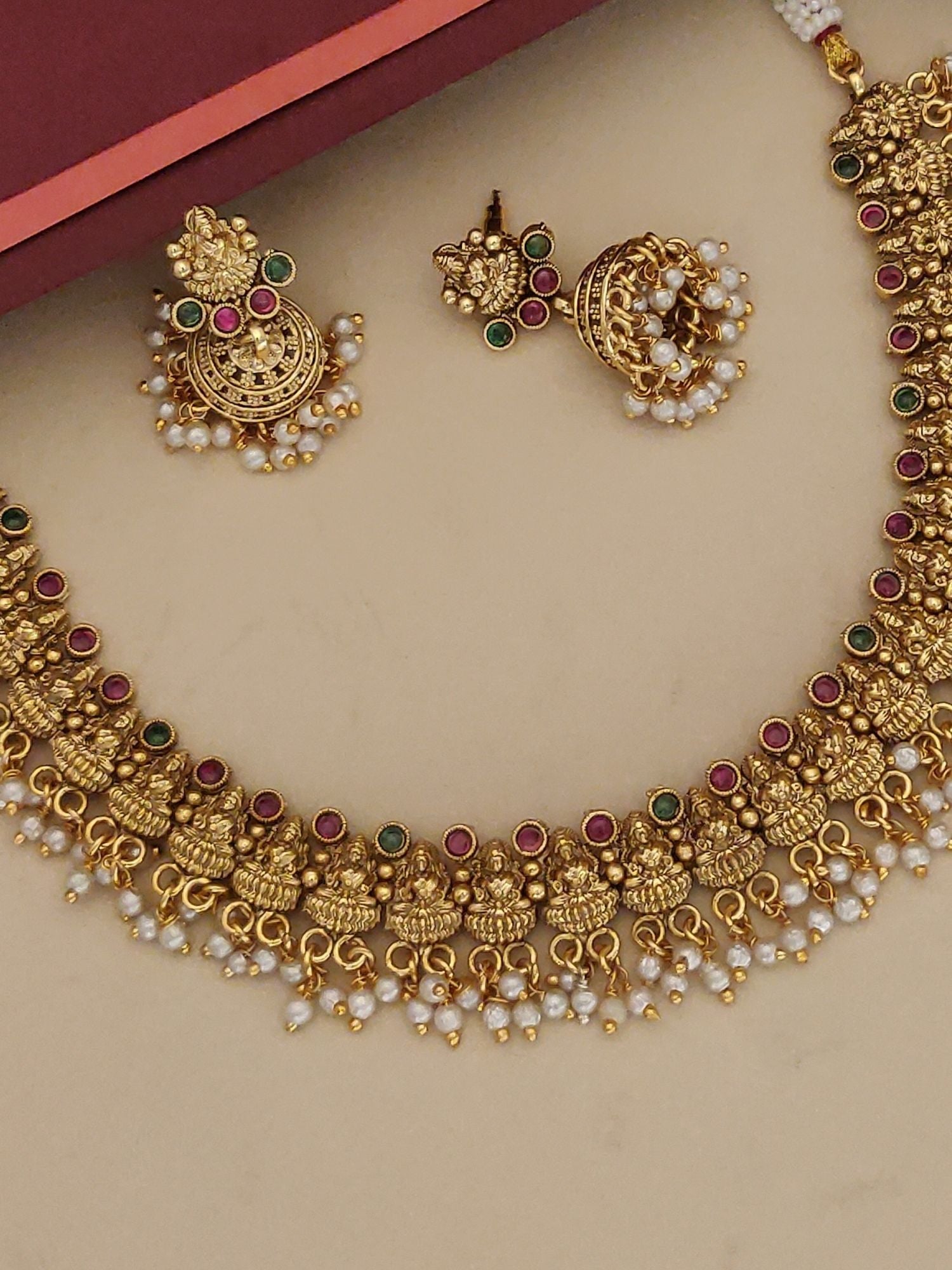 Antique Matt Gold Plated Temple Necklace with intricate design and matching earrings for traditional occasions