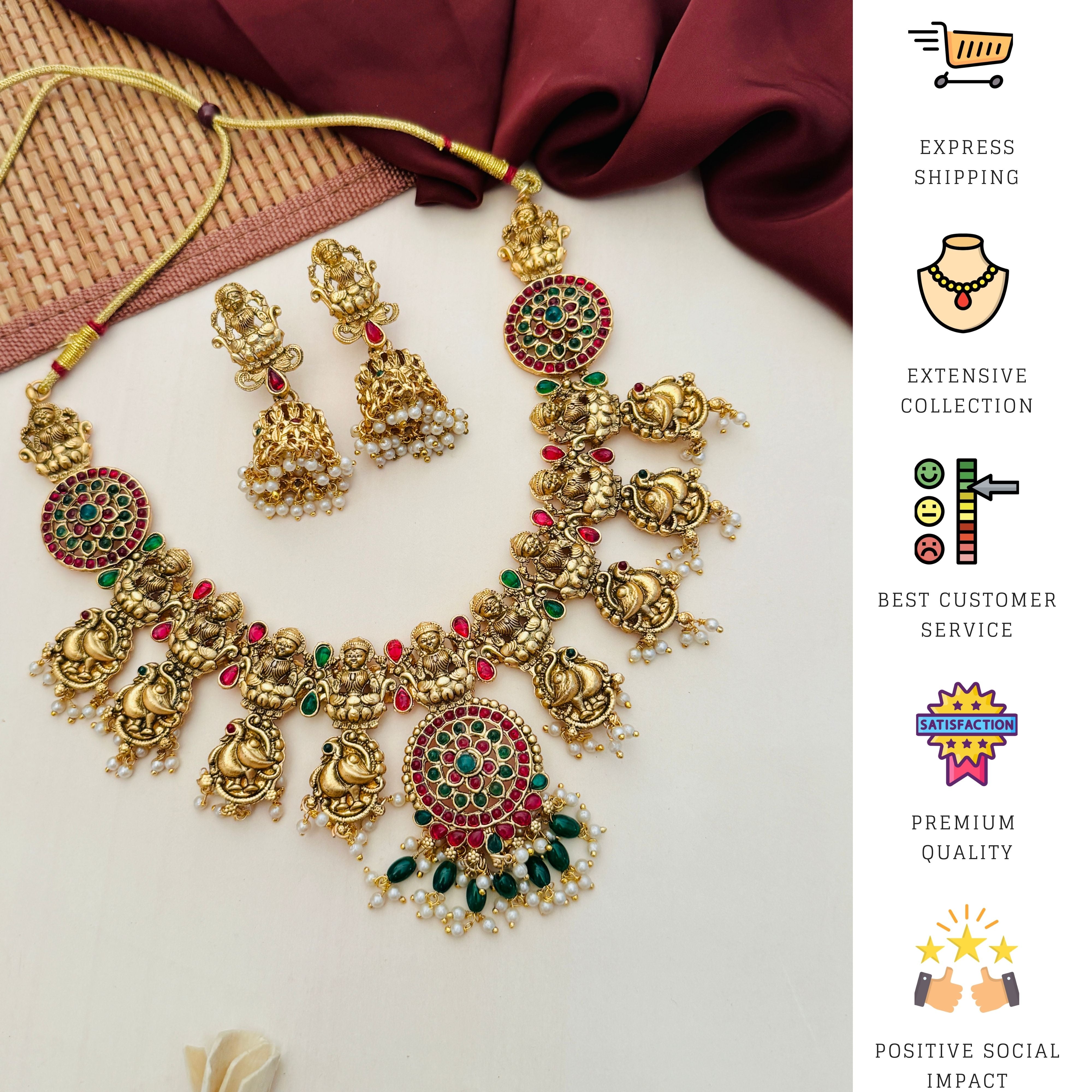 Antique Matt Gold Plated Temple Necklace Set with intricate red and green stone detailing and matching earrings