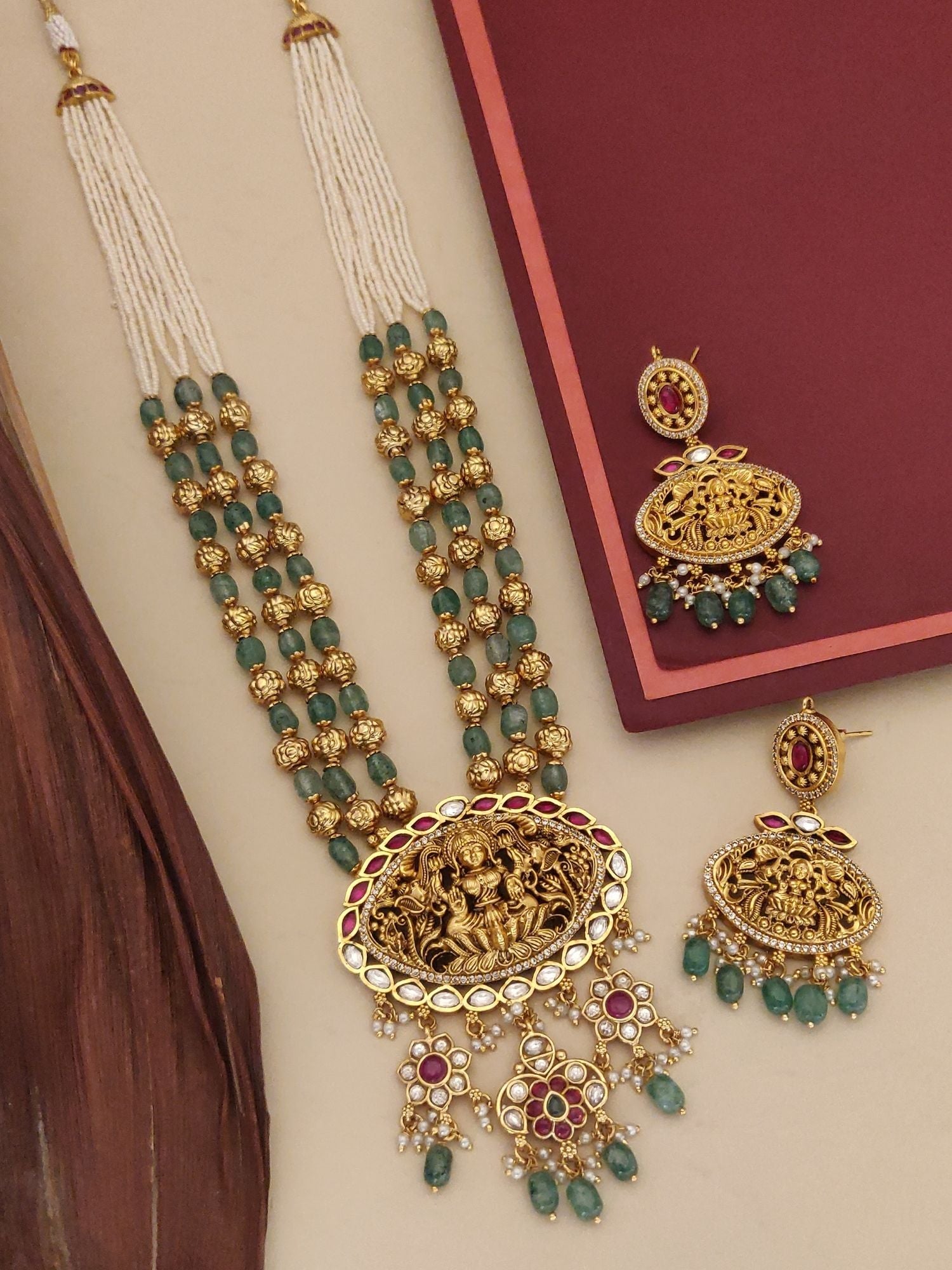 Antique Matt Gold Plated Temple Necklace Set with intricate designs and matching earrings